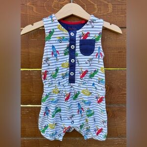 HTF Baby Boden striped vehicles romper 6-9 months